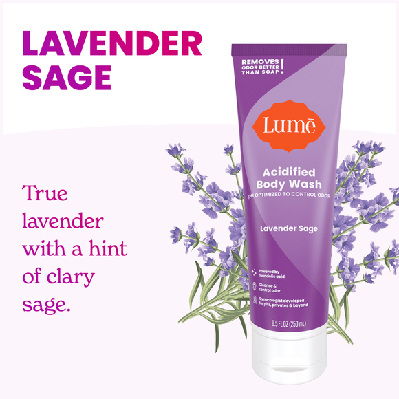 Lume-lavender-sage-scented-body-wash-over-purple-flowers-and-the-text_-Lavender-sage-true-lavender-with-a-hint-of-clary-sage.png